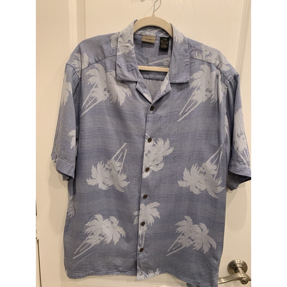 Axist 100% Silk Button Front Short‎ Sleeve Casual Hawaiian Tropical Blue Large
